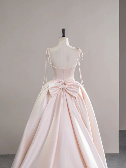 Light Pink Satin Spaghetti Strap Long Prom Dress, Beautiful Evening Dress with Bow P2415