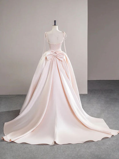 Light Pink Satin Spaghetti Strap Long Prom Dress, Beautiful Evening Dress with Bow P2415