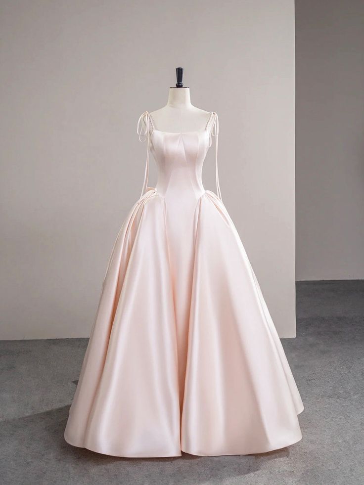 Light Pink Satin Spaghetti Strap Long Prom Dress, Beautiful Evening Dress with Bow P2415