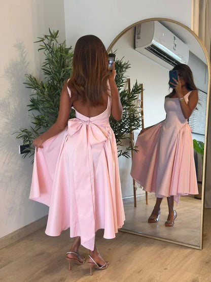 Cute A Line Straps Pink Satin Tea Length Prom Dress With Bow SH3780