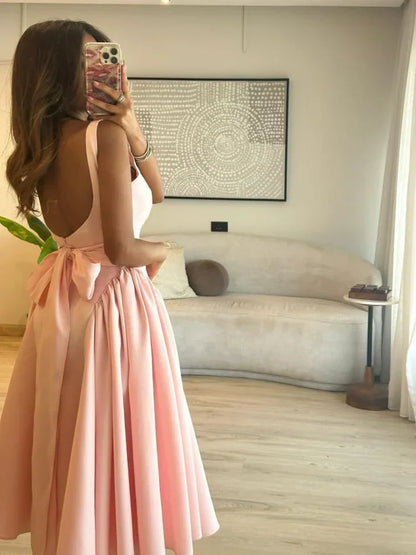 Cute A Line Straps Pink Satin Tea Length Prom Dress With Bow SH3780