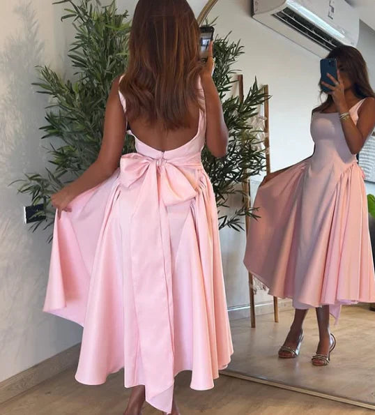 Cute A Line Straps Pink Satin Tea Length Prom Dress With Bow SH3780