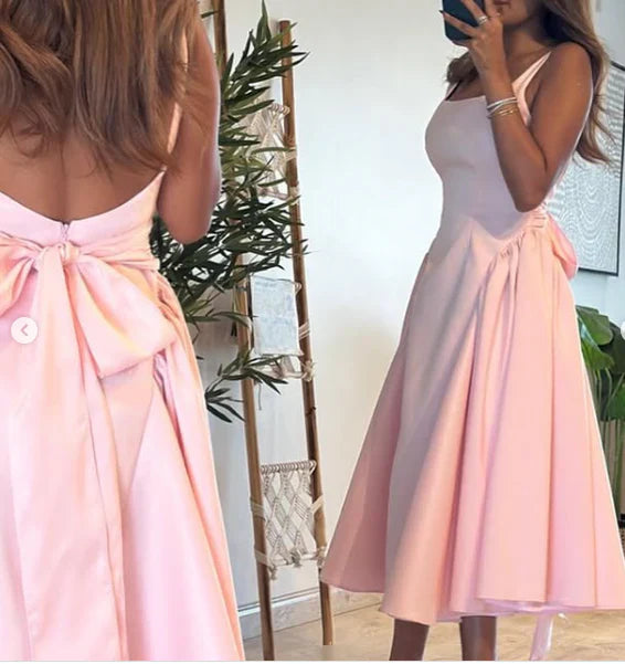 Cute A Line Straps Pink Satin Tea Length Prom Dress With Bow SH3780