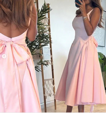 Cute A Line Straps Pink Satin Tea Length Prom Dress With Bow SH3780