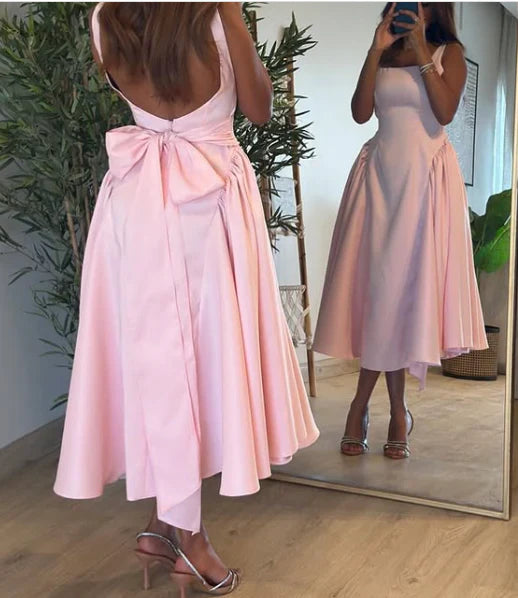 Cute A Line Straps Pink Satin Tea Length Prom Dress With Bow SH3780