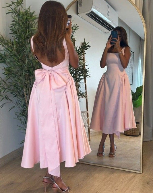 Cute A line Straps Pink Satin Tea Length Prom Dress With Bow P2416