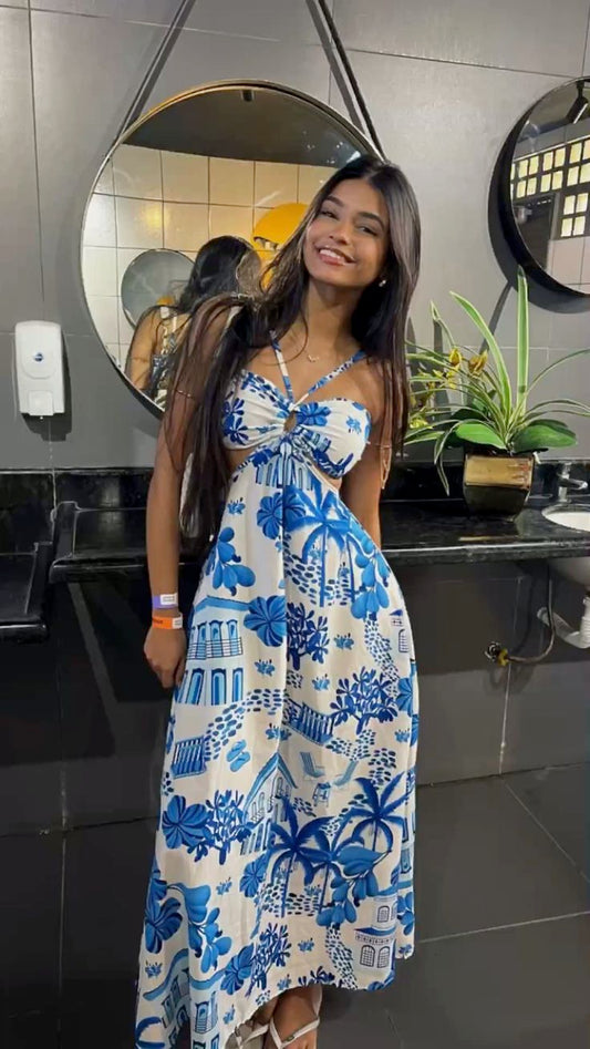 Cute A line Halter Royal Blue Tea Length Prom Dresses Summer Birthday Dress P2420