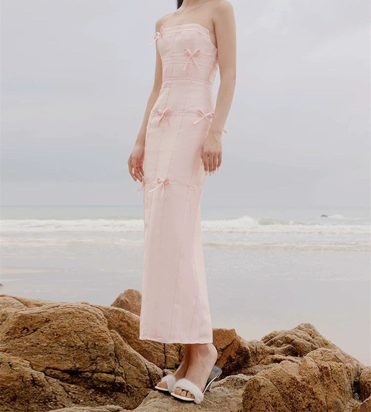 Sexy Sheath Strapless Pink Satin Long Prom Dress Birthday Outfits With Bowknot P2430