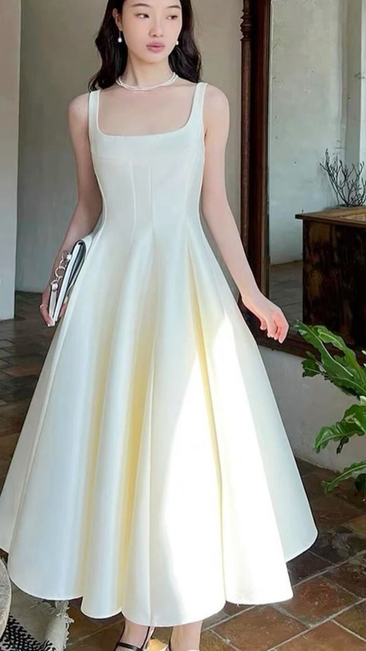 Modest A line Square Neckline Tea Length Satin Ivory Prom Dresses Birthday Outfits P2433