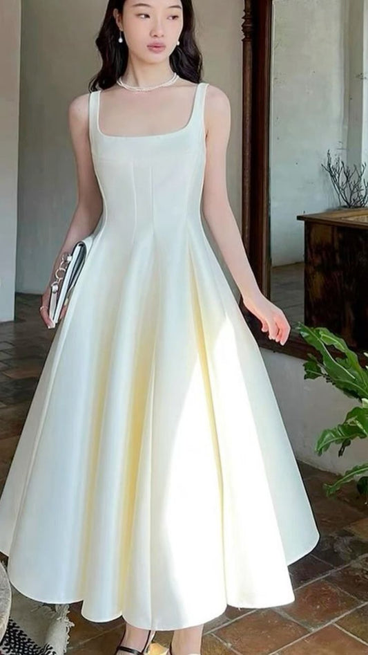 Modest A line Square Neckline Tea Length Satin Ivory Prom Dresses Birthday Outfits P2433