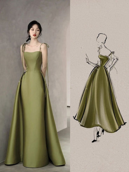 Simple A line Olive Green Long Satin Prom Dresses With Ruffles P2435