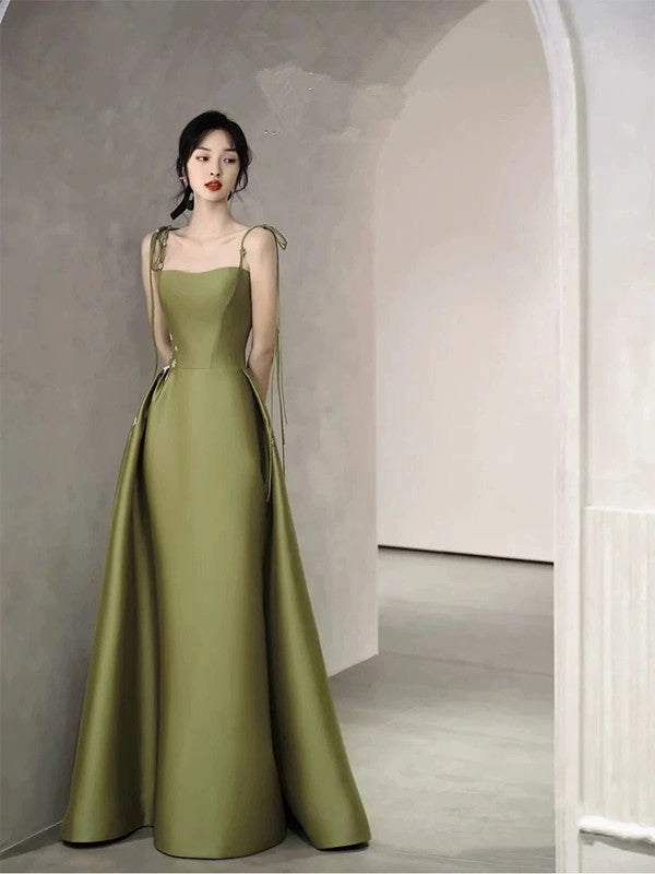 Simple A line Olive Green Long Satin Prom Dresses With Ruffles P2435