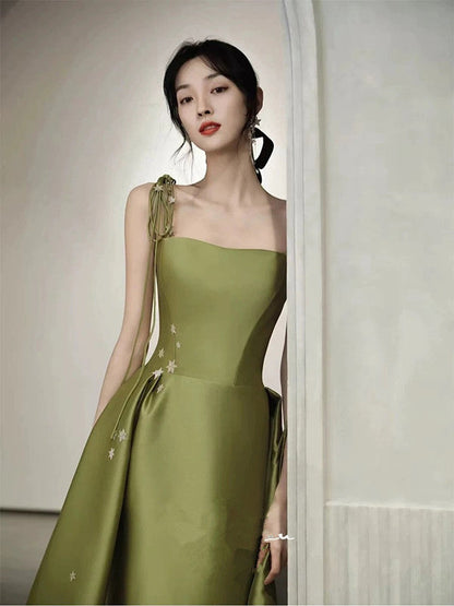 Simple A line Olive Green Long Satin Prom Dresses With Ruffles P2435