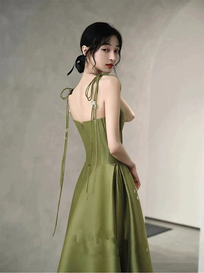 Simple A line Olive Green Long Satin Prom Dresses With Ruffles P2435