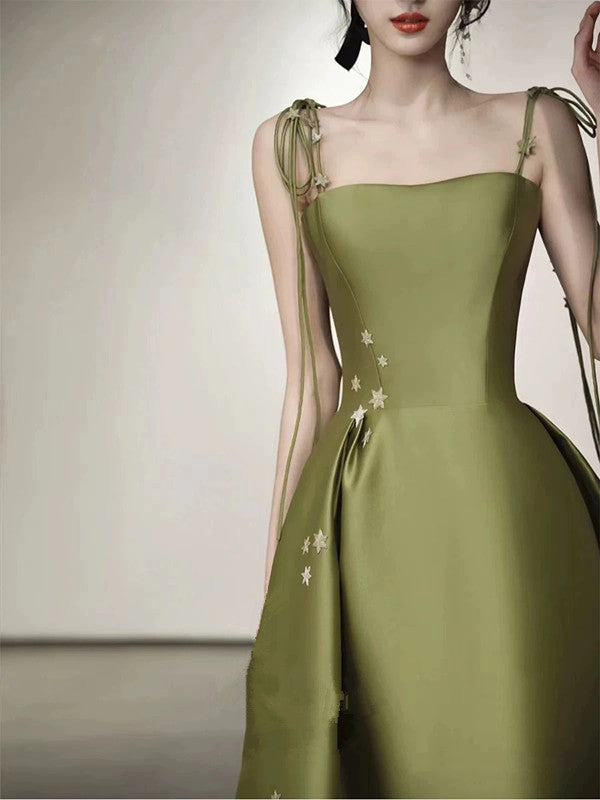Simple A line Olive Green Long Satin Prom Dresses With Ruffles P2435