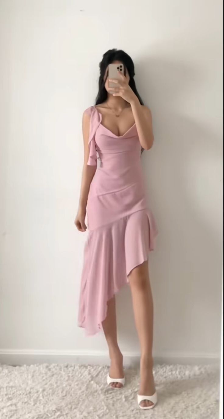 Pretty Sheath Spaghetti Straps Pink Chiffon Prom Dresses With Ruffles P2446