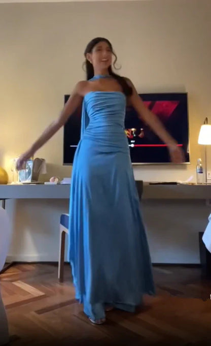 Simple A line Spaghetti Straps Blue Satin Prom Dresses Birthday Outfits P2450