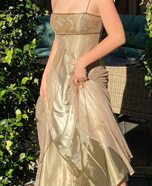 Vintage A Line Spaghetti Straps Gold Long Prom Dresses Party Evening Dress P2454