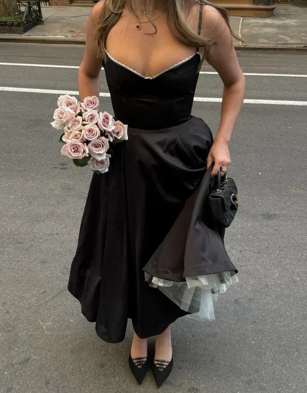 Black and White Princess Cute and Elegant A-line Spaghetti Straps Long Satin Tulle Party Dress Evening Dress Prom Dress Homecoming Dress gh4196