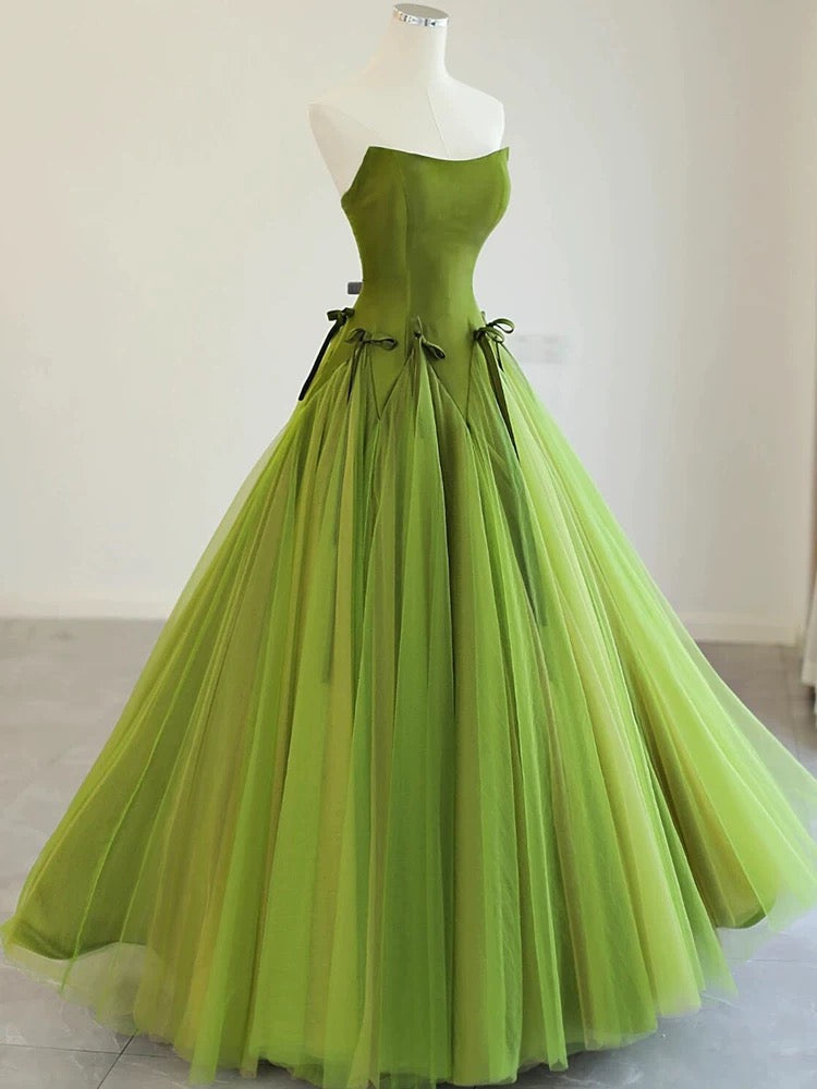 Pretty Ball Gown Strapless Bud Green Tulle Prom Dresses Evening Dress P2464