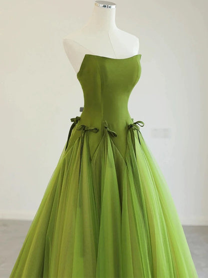 Pretty Ball Gown Strapless Bud Green Tulle Prom Dresses Evening Dress P2464