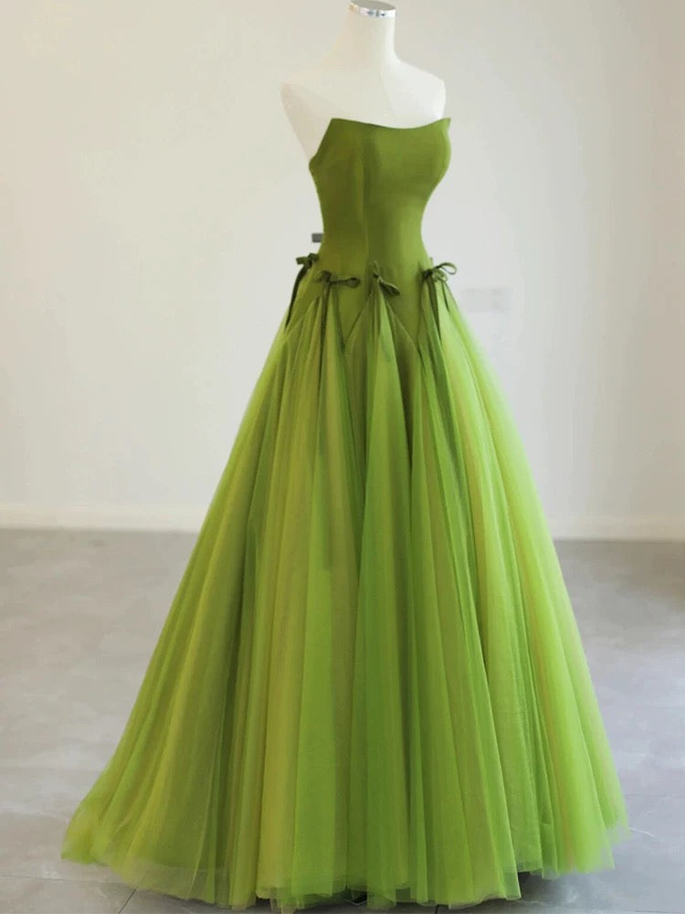 Pretty Ball Gown Strapless Bud Green Tulle Prom Dresses Evening Dress P2464