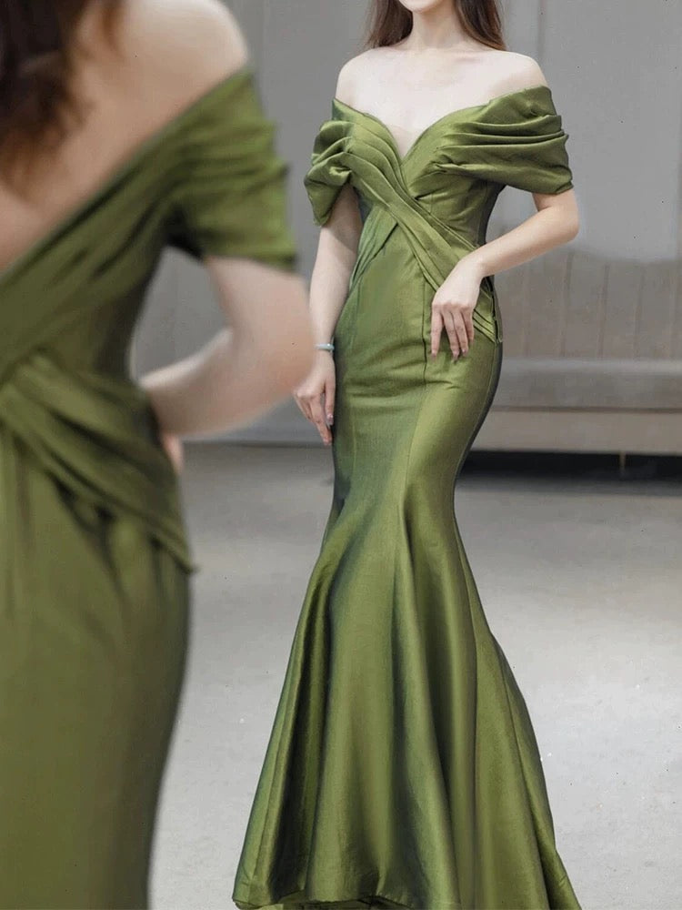 Sexy Mermaid Off The Shoulder Olive Green Satin Long Formal Dress Prom Dresses P2465