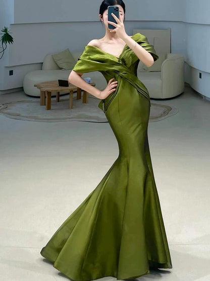 Sexy Mermaid Off The Shoulder Olive Green Satin Long Formal Dress Prom Dresses P2465