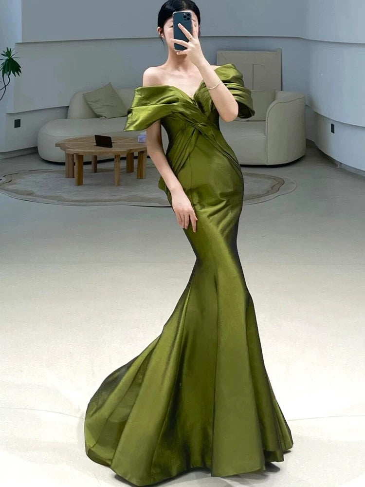 Sexy Mermaid Off The Shoulder Olive Green Satin Long Formal Dress Prom Dresses P2465