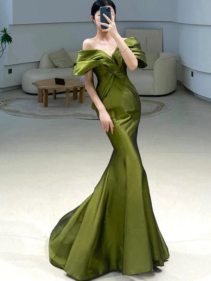 Sexy Mermaid Off The Shoulder Olive Green Satin Long Formal Dress Prom Dresses P2465