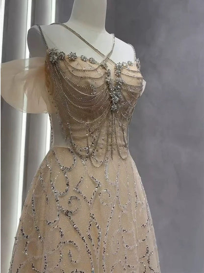 Vintage A Line Straps Champagne Tulle Long Prom Dresses Party Evening Dress P2466