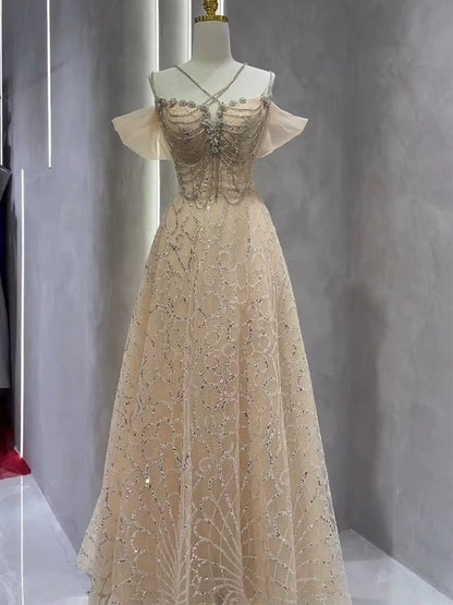 Vintage A Line Straps Champagne Tulle Long Prom Dresses Party Evening Dress P2466
