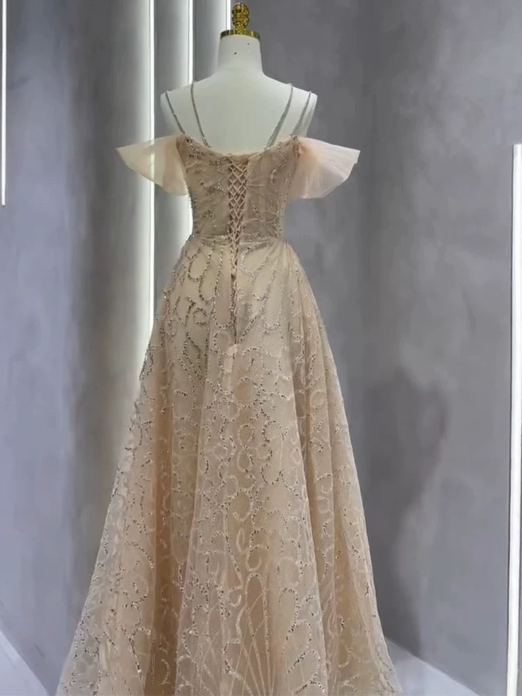 Vintage A Line Straps Champagne Tulle Long Prom Dresses Party Evening Dress P2466