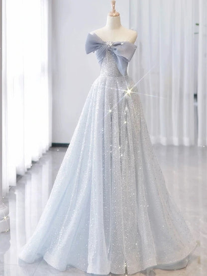Vintage A Line Strapless Light Sky Blue Tulle Long Prom Dresses Party Evening Dress P2467