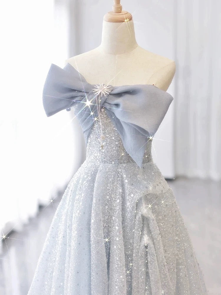 Vintage A Line Strapless Light Sky Blue Tulle Long Prom Dresses Party Evening Dress P2467