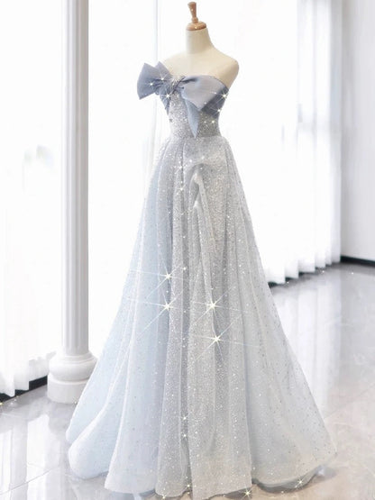 Vintage A Line Strapless Light Sky Blue Tulle Long Prom Dresses Party Evening Dress P2467