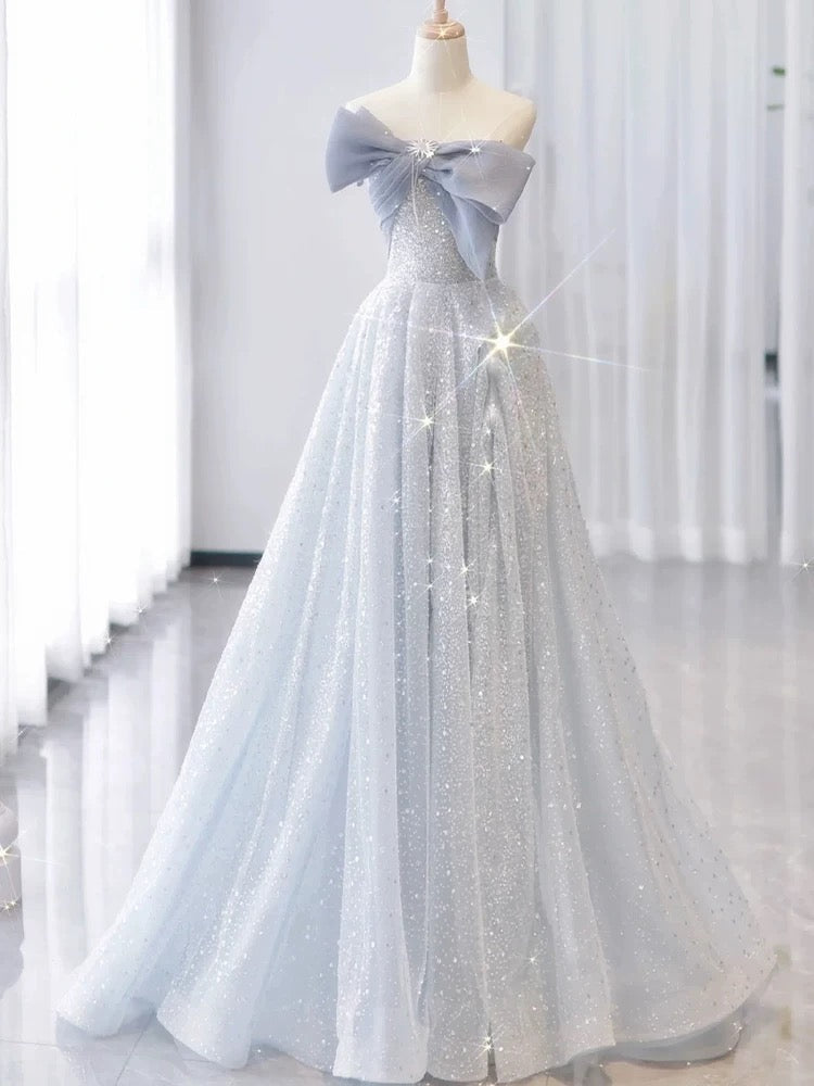Vintage A Line Strapless Light Sky Blue Tulle Long Prom Dresses Party Evening Dress P2467