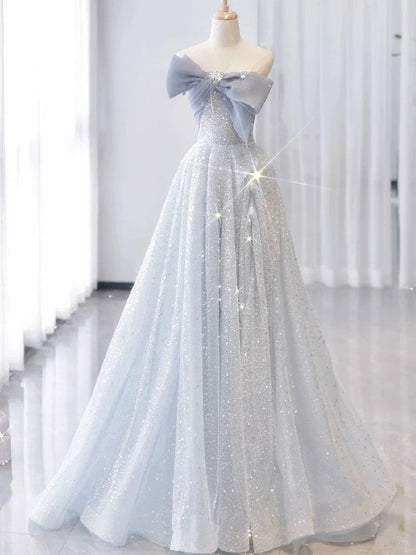 Vintage A Line Strapless Light Sky Blue Tulle Long Prom Dresses Party Evening Dress P2467