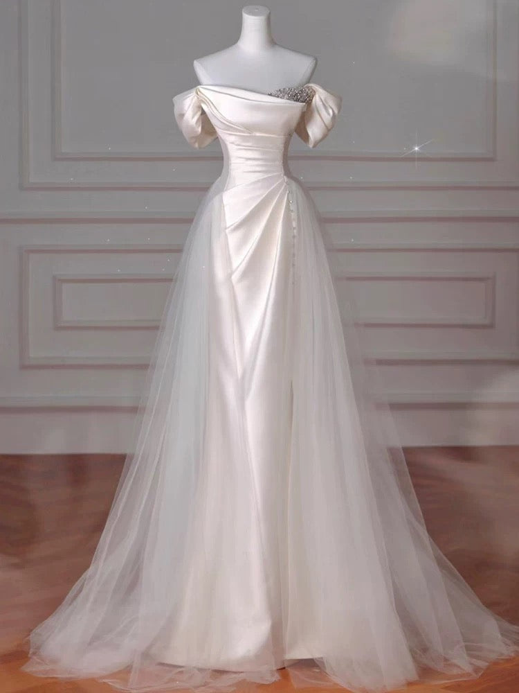 Vintage Sheath Off The Shoulder Satin Long Prom Dresses Party Evening Dress P2468