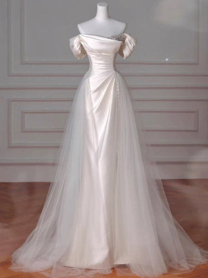 Vintage Sheath Off The Shoulder Satin Long Prom Dresses Party Evening Dress P2468