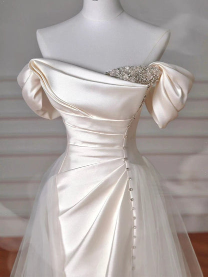 Vintage Sheath Off The Shoulder Satin Long Prom Dresses Party Evening Dress P2468