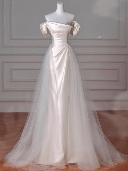 Vintage Sheath Off The Shoulder Satin Long Prom Dresses Party Evening Dress P2468