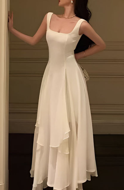 Vintage A line Square Neckline White Ruffles Chiffon Long Prom Dress Formal Dresses P2477