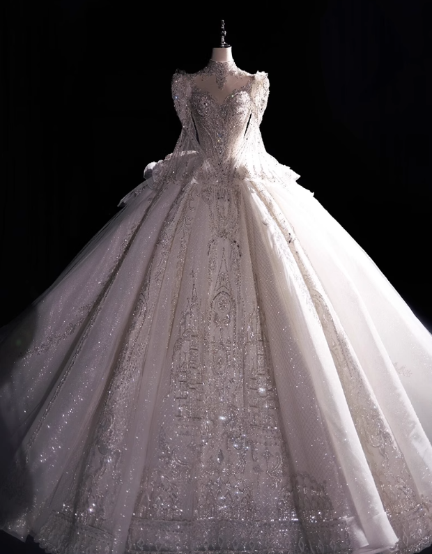 White long-sleeved elegant heavy luxury high-end texture and ground palace style wedding dress P2482