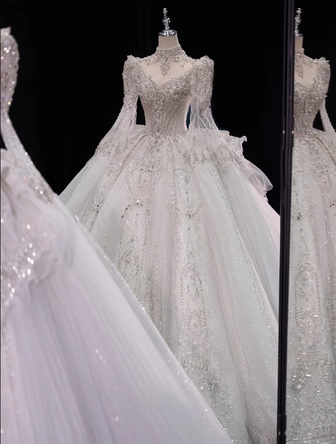 White long-sleeved elegant heavy luxury high-end texture and ground palace style wedding dress P2482