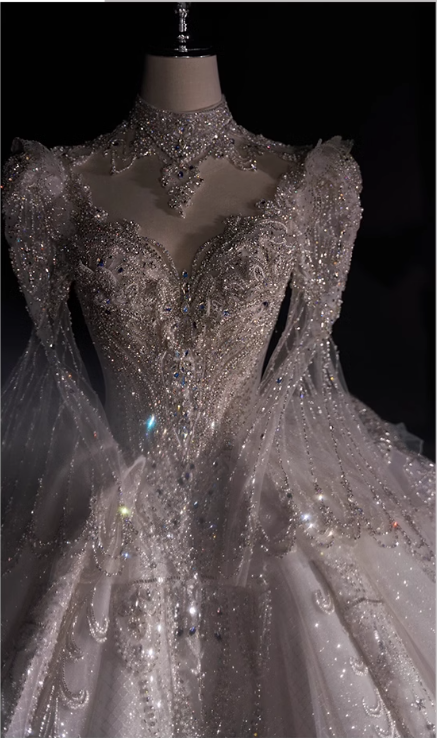 White long-sleeved elegant heavy luxury high-end texture and ground palace style wedding dress P2482