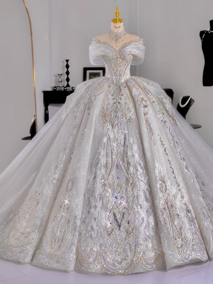 White princess French style high-end texture heavy luxury floor-length wedding dress P2485