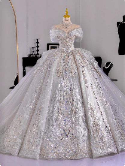 White princess French style high-end texture heavy luxury floor-length wedding dress P2485