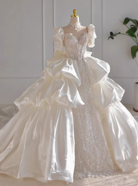 White French elegant satin high-quality texture heavy-duty luxury floor-length wedding dress P2486