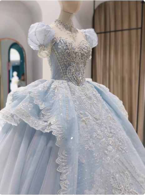 French blue princess puff sleeve dreamy wedding dress P2487